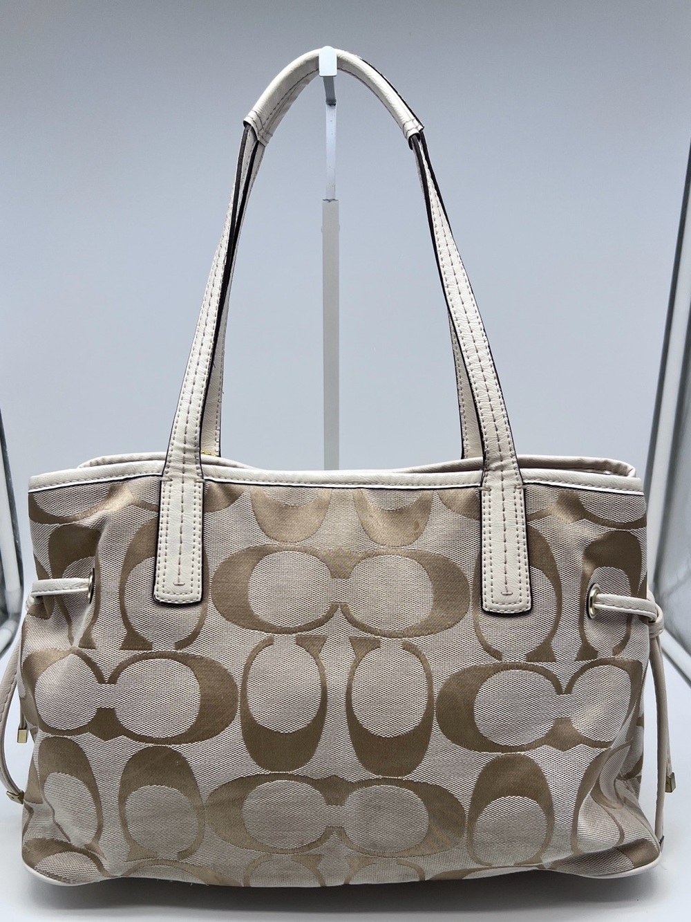 Coach Signature Stripe Carryall Bag Tote F21949 Khaki/Chalk - Picture 2 of 9